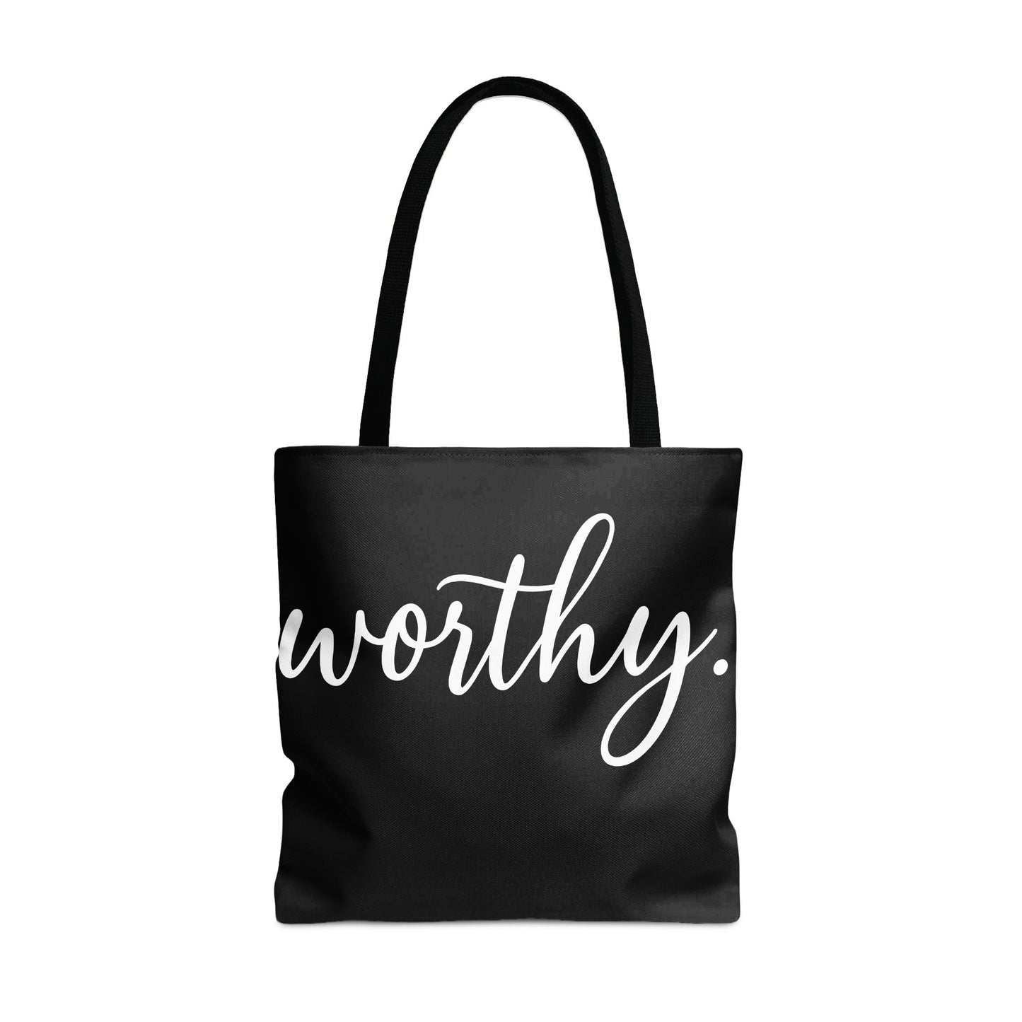 Black tote bag with white cursive text that reads "worthy."