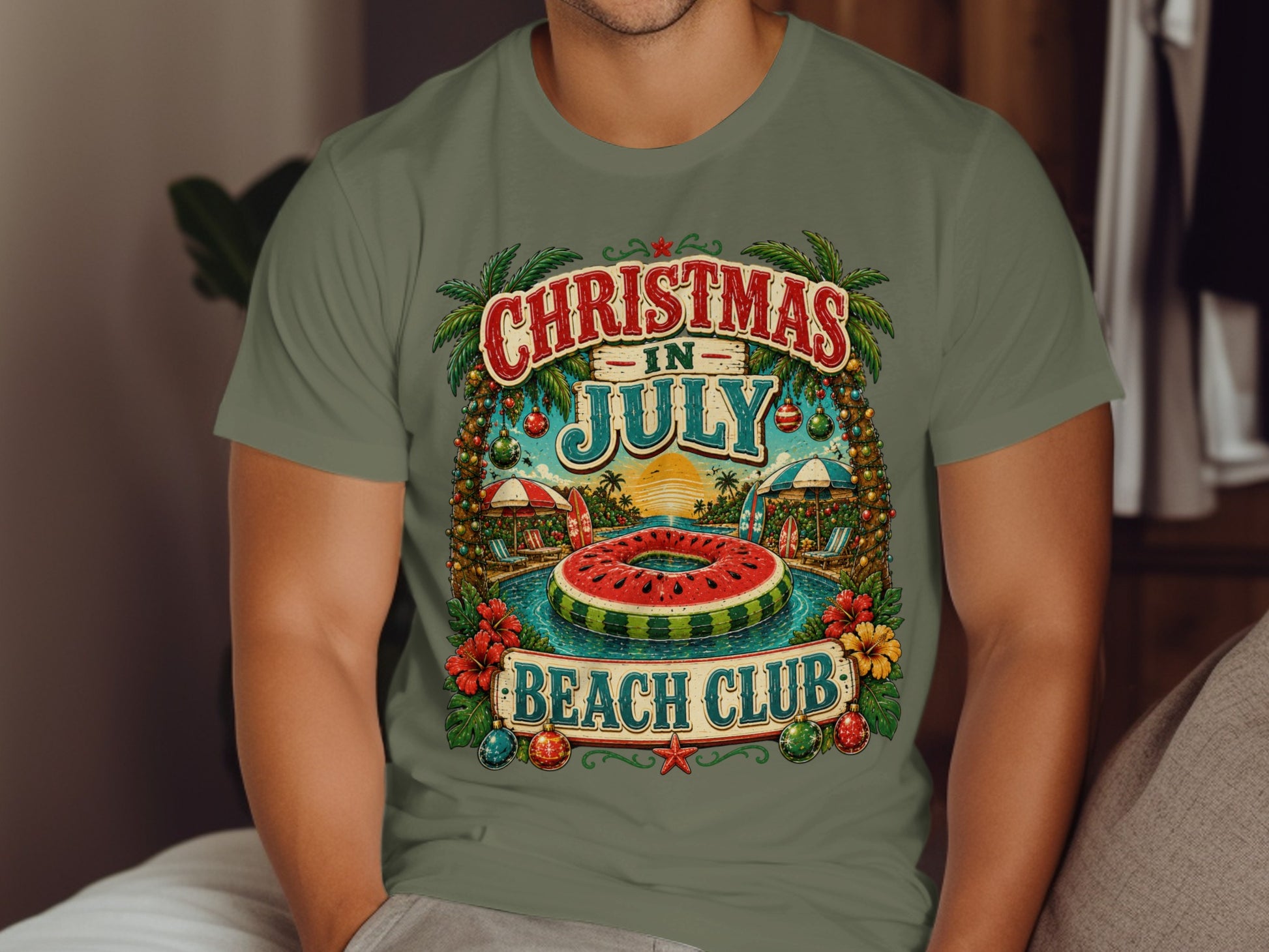 Christmas in July Beach Club text over a pool scene with watermelon float.