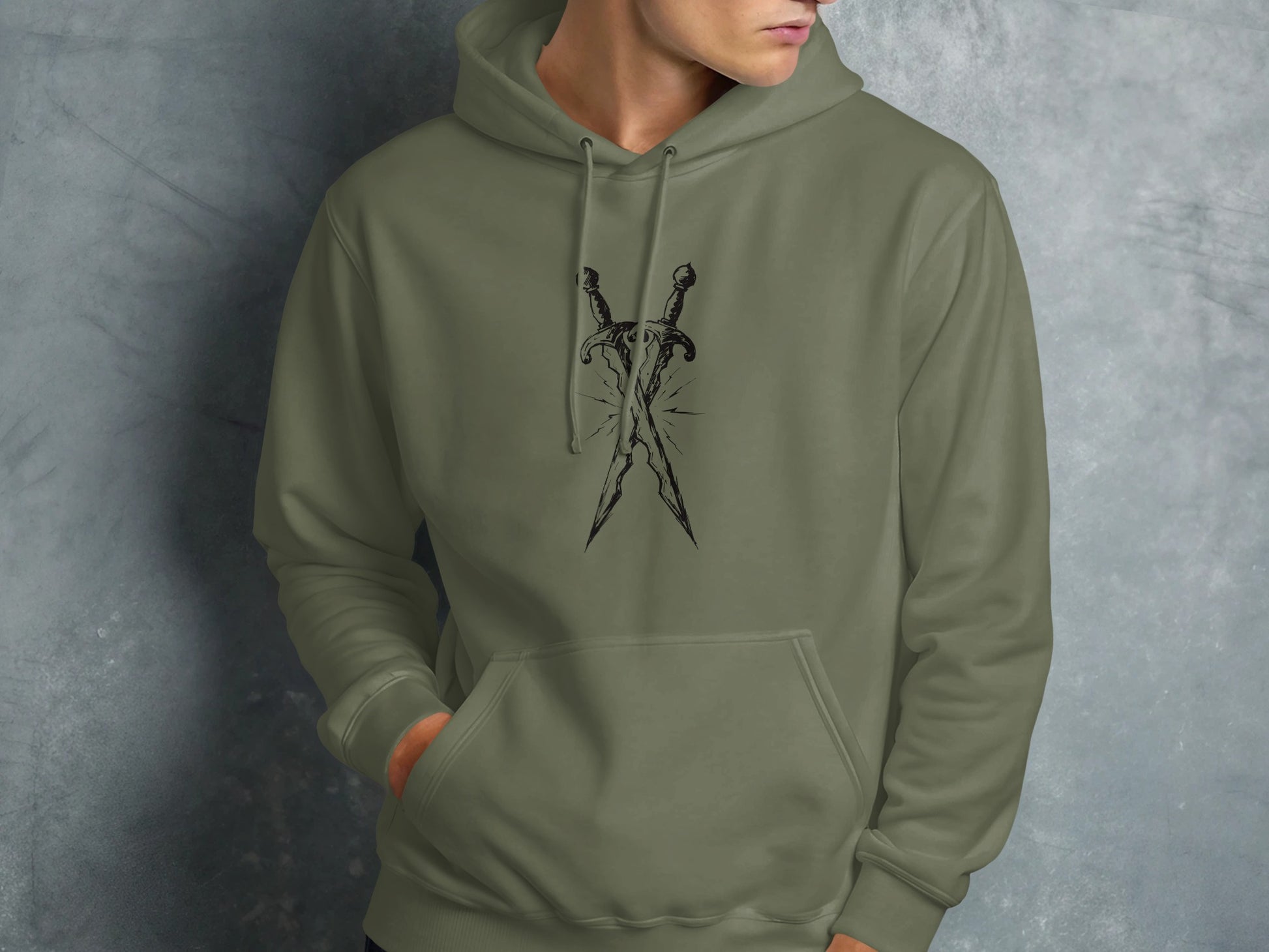 Hoodie with crossed swords graphic on olive green fabric.