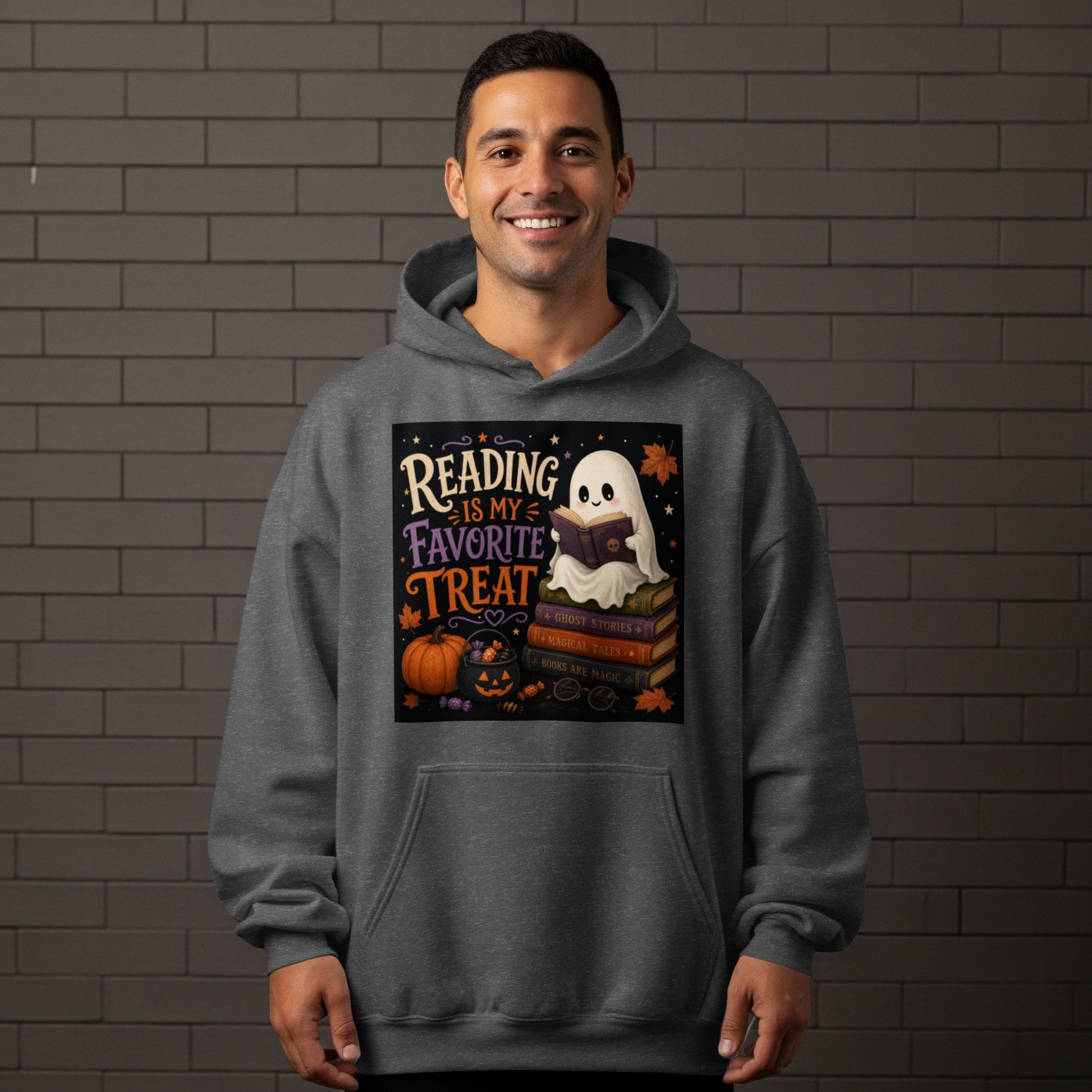 Ghost reading a book on books with text "Reading is my favorite treat"