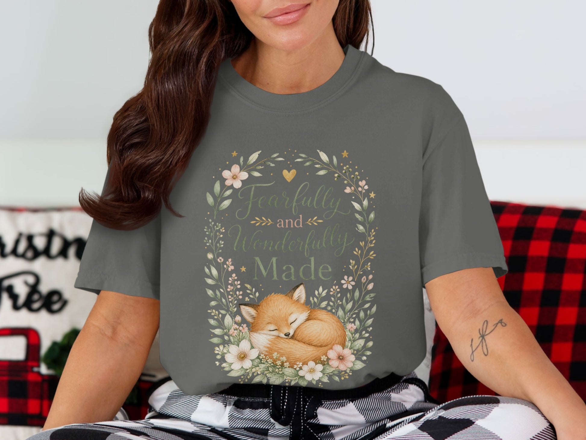 Sleeping fox art with text "Fearfully and Wonderfully Made" on a gray t-shirt.