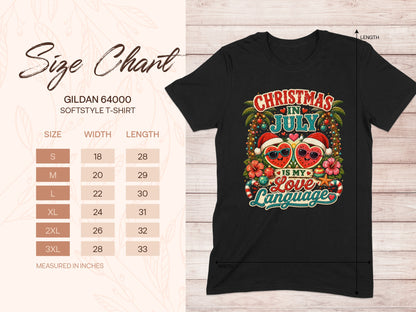 Gildan 64000 softstyle t-shirt size chart and "Christmas in July" graphic.