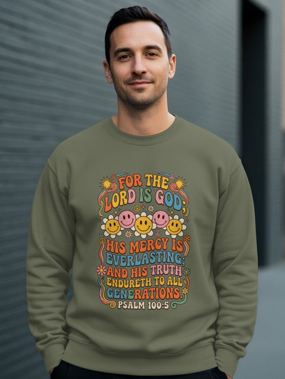 Green sweatshirt with "Lord is Gods mercy everlasting" text and smiley faces.