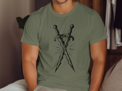 Crossed daggers illustration on a green t-shirt.