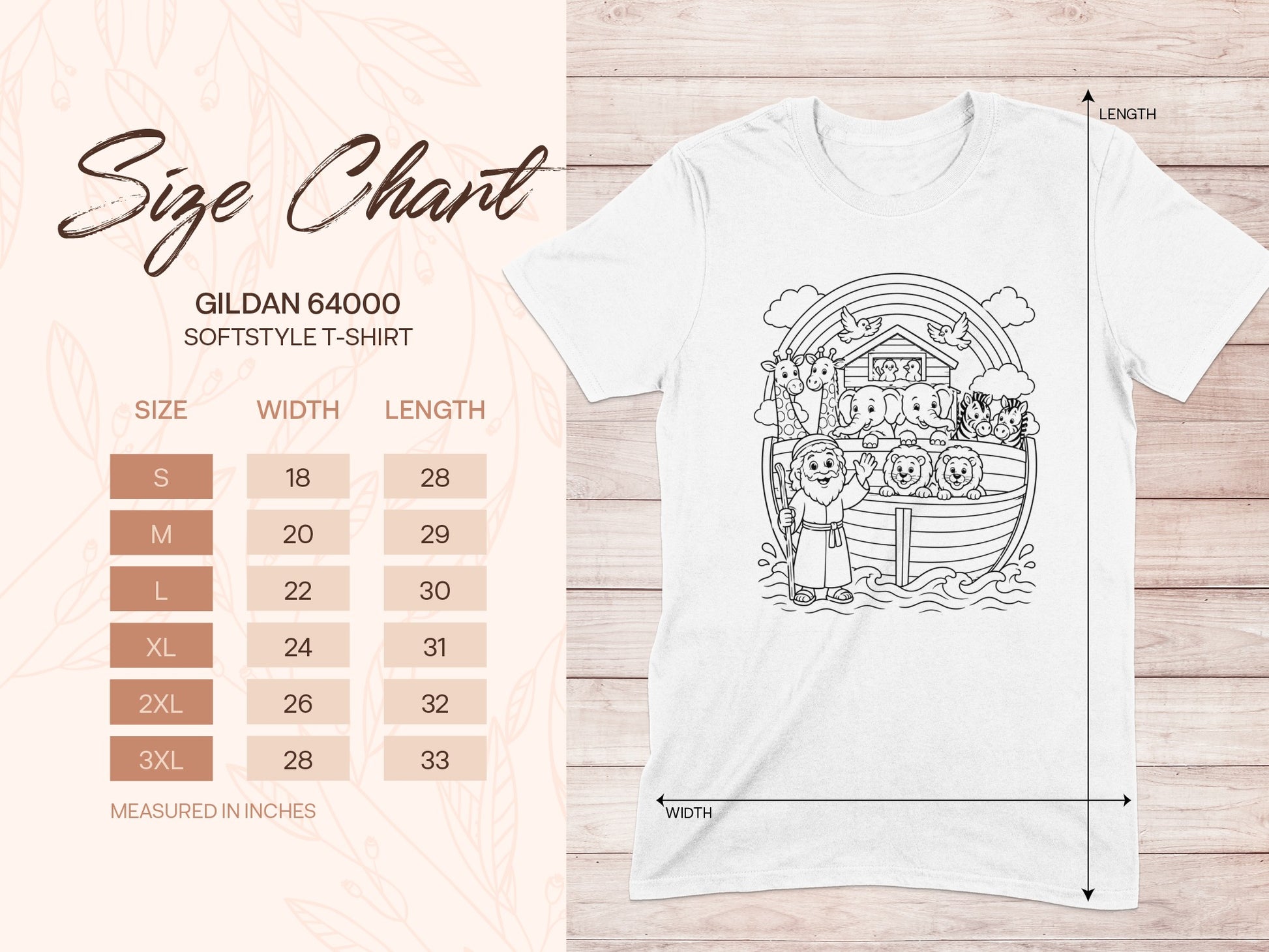 Gildan 64000 Softstyle T-shirt size chart with Noah's Ark graphic.