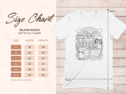 Gildan 64000 Softstyle T-shirt size chart with Noah's Ark graphic.