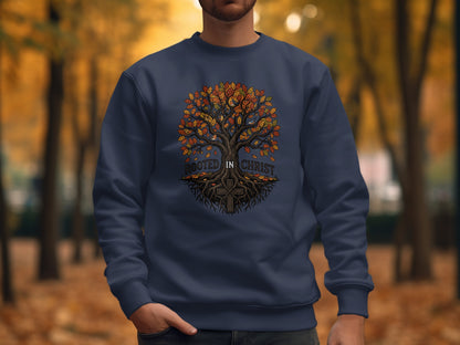 Navy sweatshirt with a tree of life and cross, "Rooted in Christ" text.