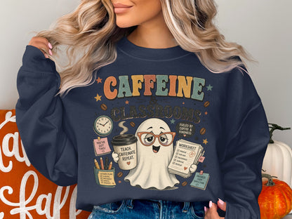 Ghost in glasses holding coffee cup on navy sweatshirt with "Caffeine & Classrooms" text.