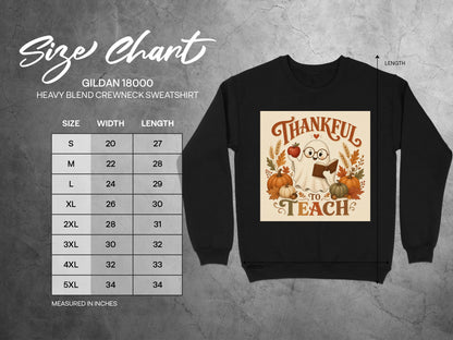 Gildan 18000 size chart with crewneck sweatshirt featuring thankful ghost graphic.