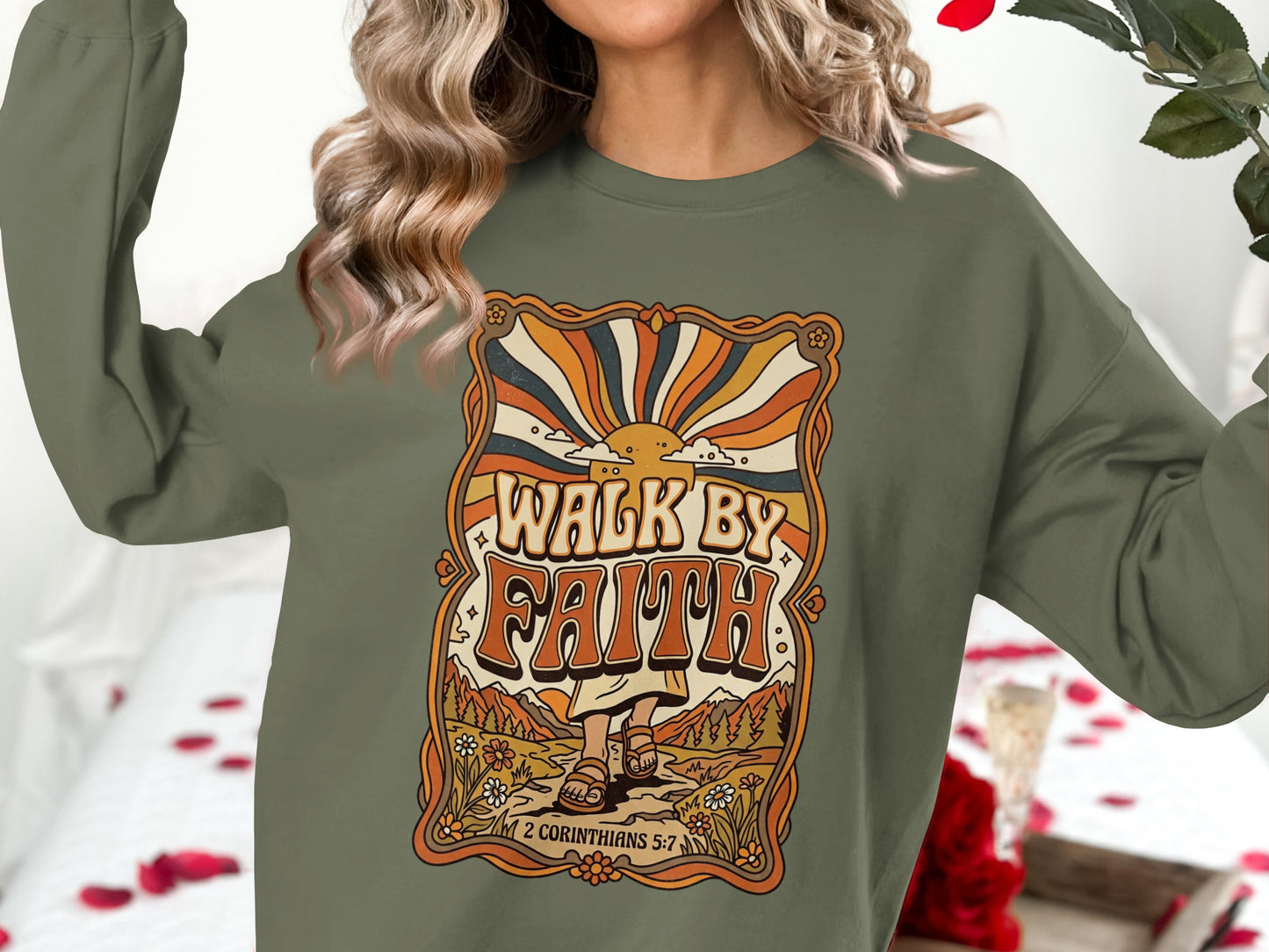 Olive green sweatshirt with "Walk by Faith" in vintage style and biblical scripture.