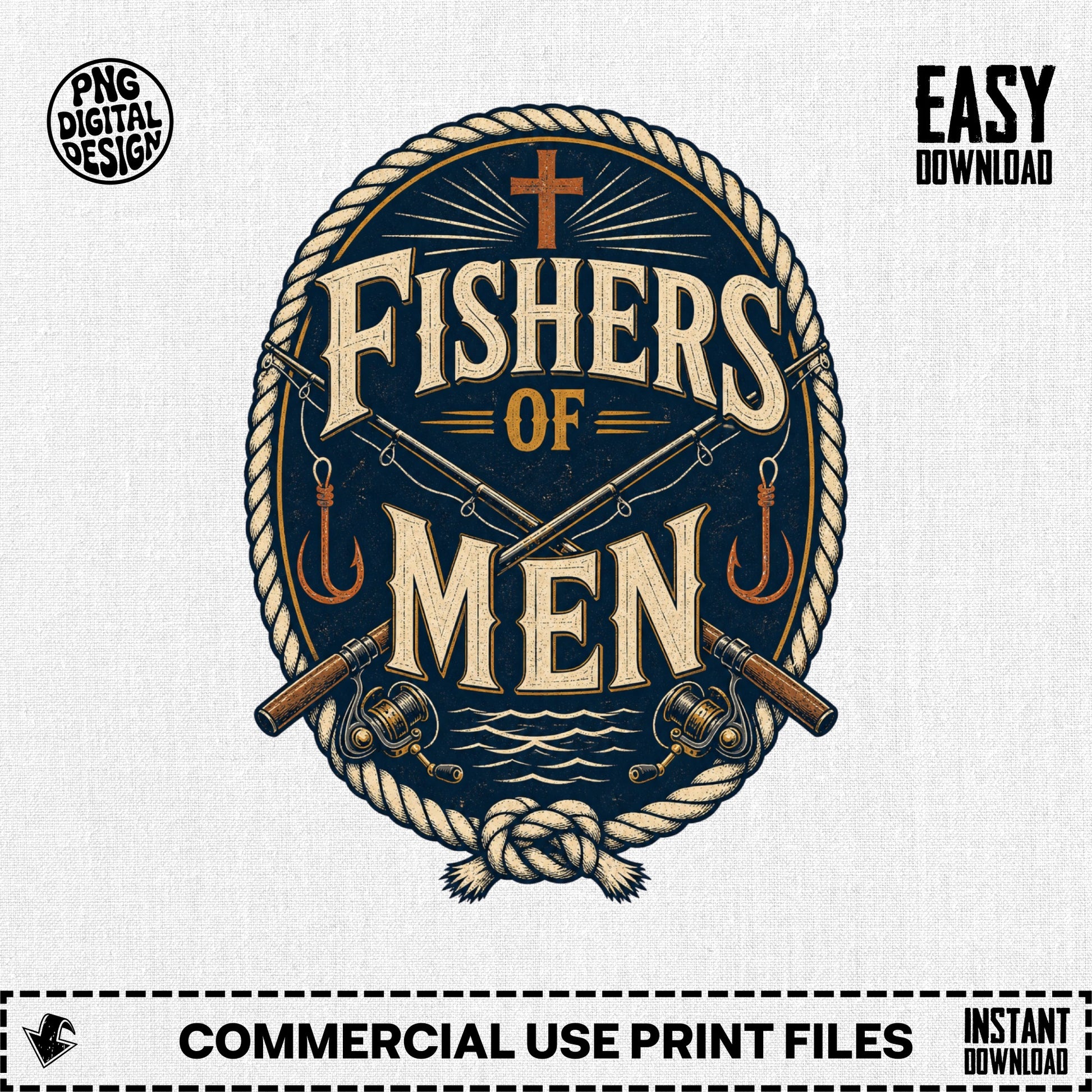 "Fishers of Men" fishing decal with cross, reels, and hooks.