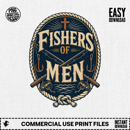 "Fishers of Men" fishing decal with cross, reels, and hooks.