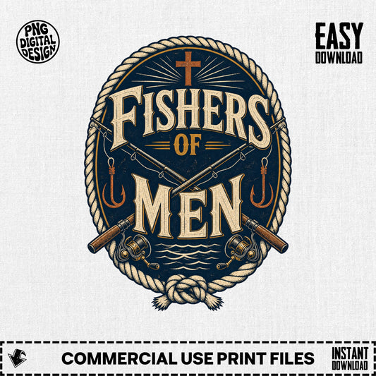 "Fishers of Men" fishing decal with cross, reels, and hooks.