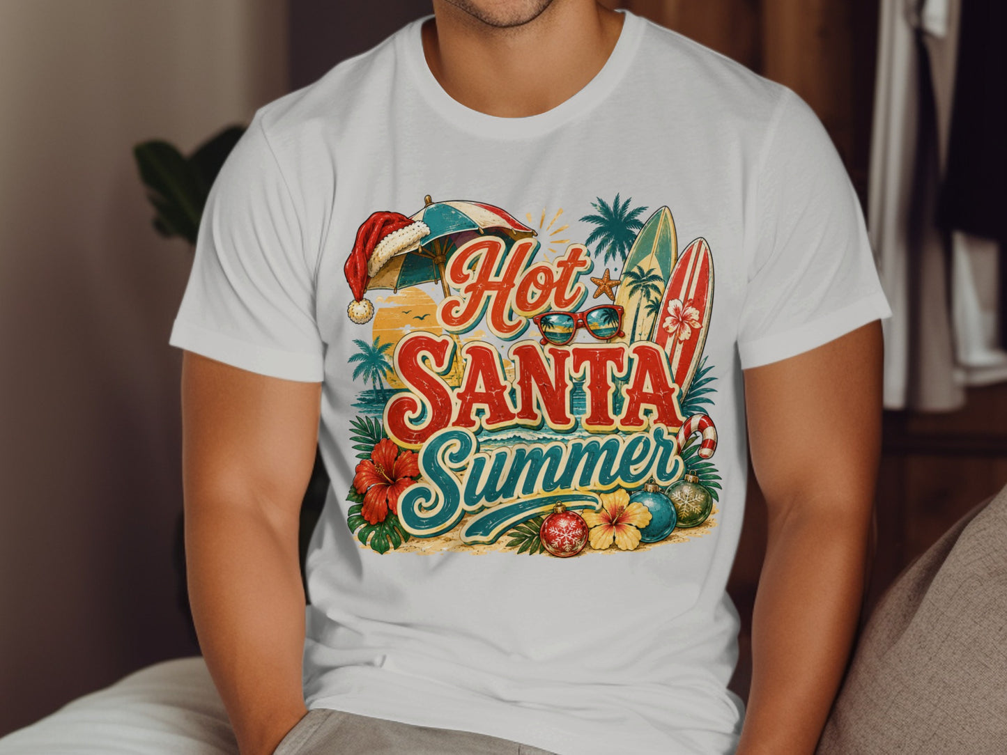 T-shirt with "Hot Santa Summer" text, beach elements, and Christmas ornaments.