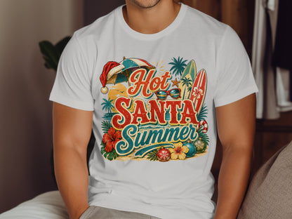 T-shirt with "Hot Santa Summer" text, beach elements, and Christmas ornaments.