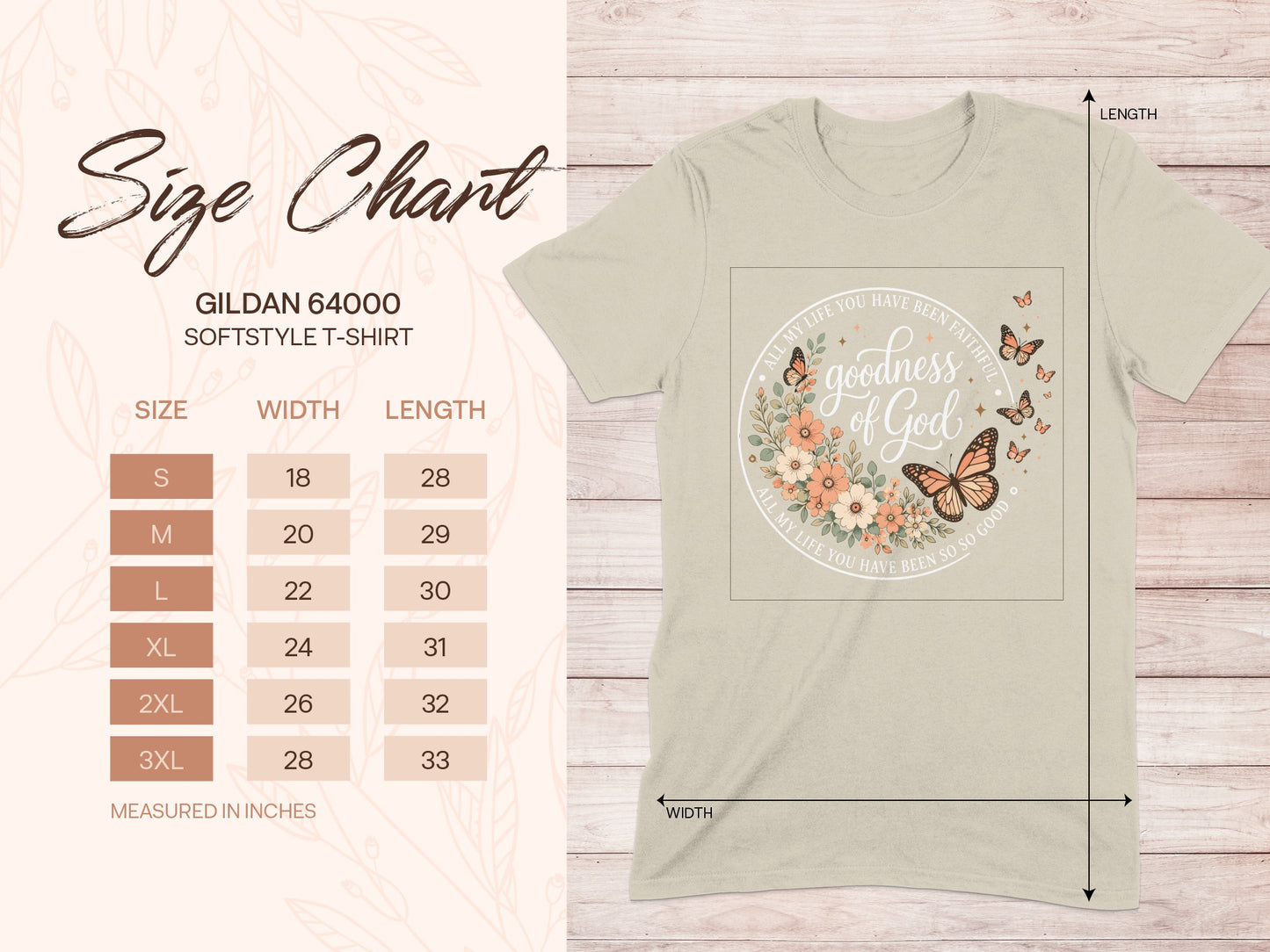 Gildan 64000 Softstyle T-shirt size chart showing measurements in inches.