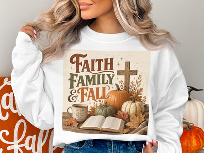 Faith Family & Fall design with pumpkins, cross, and Bible.