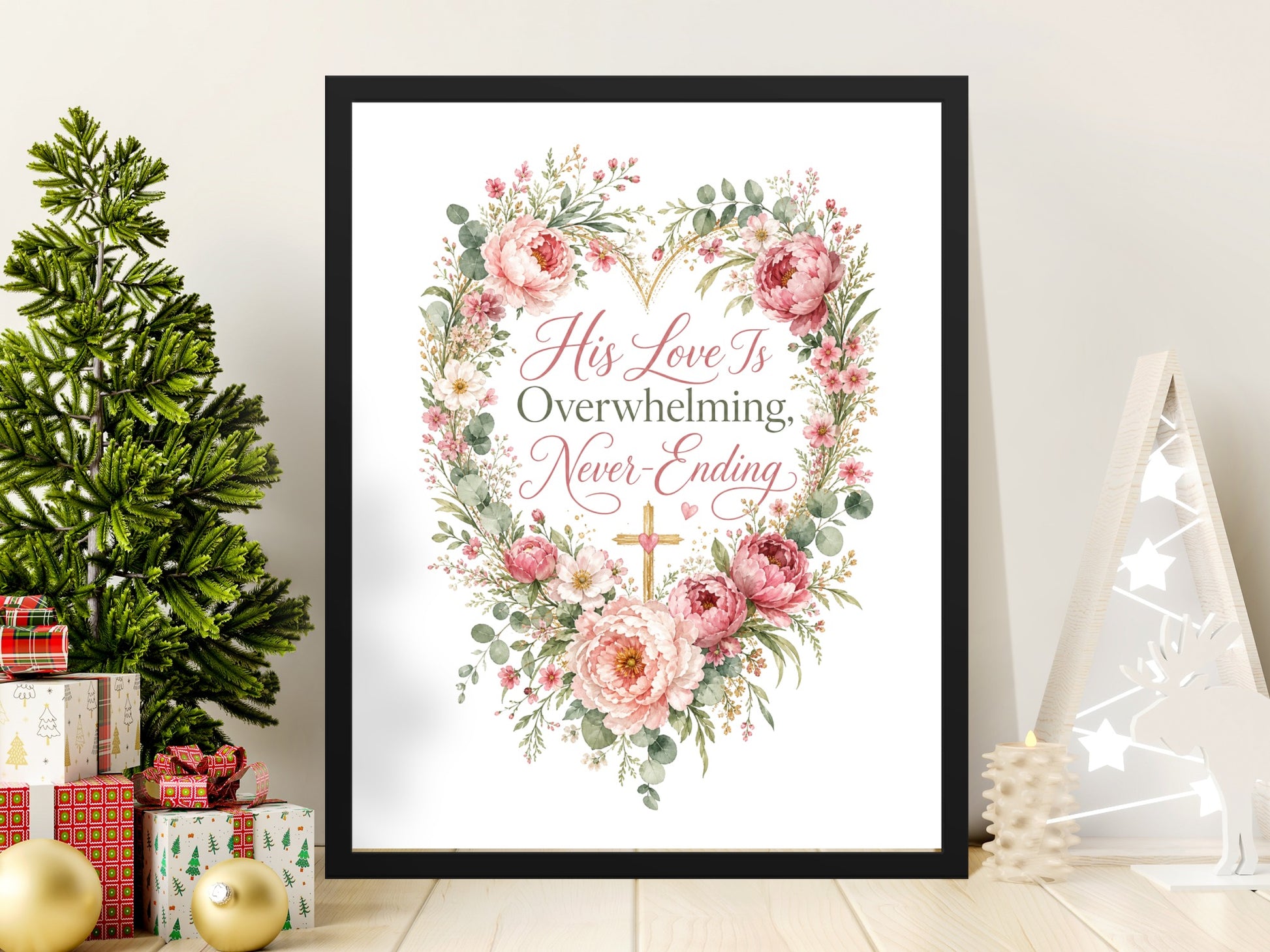 Floral heart artwork reads "His Love Is Overwhelming, Never-Ending" with a cross.