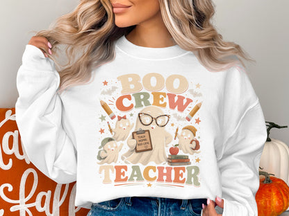 "Boo Crew Teacher" graphic with ghosts, pencils, and books.