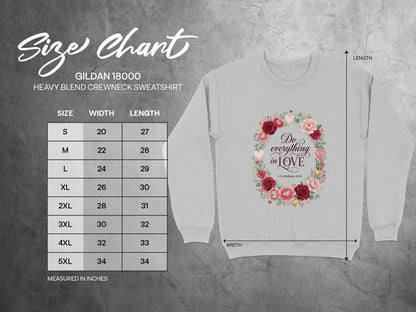 Gildan 18000 sweatshirt size chart with "Do Everything in Love" graphic.