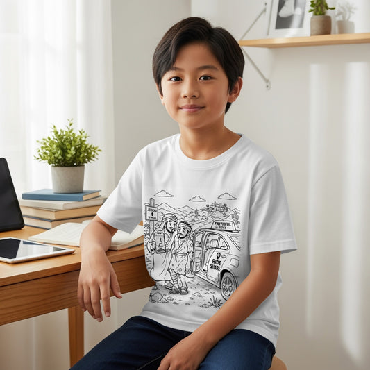 Young boy in a white t-shirt with a biblical cartoon depicting Jesus and a disciple sharing a ride.