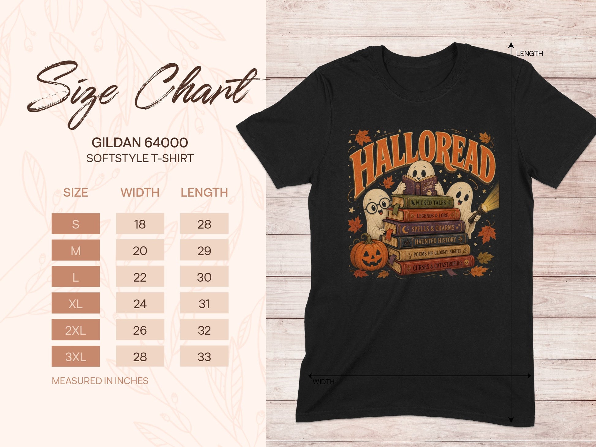 Black Gildan 64000 t-shirt with "Halloread" Halloween ghost book graphic and size chart.