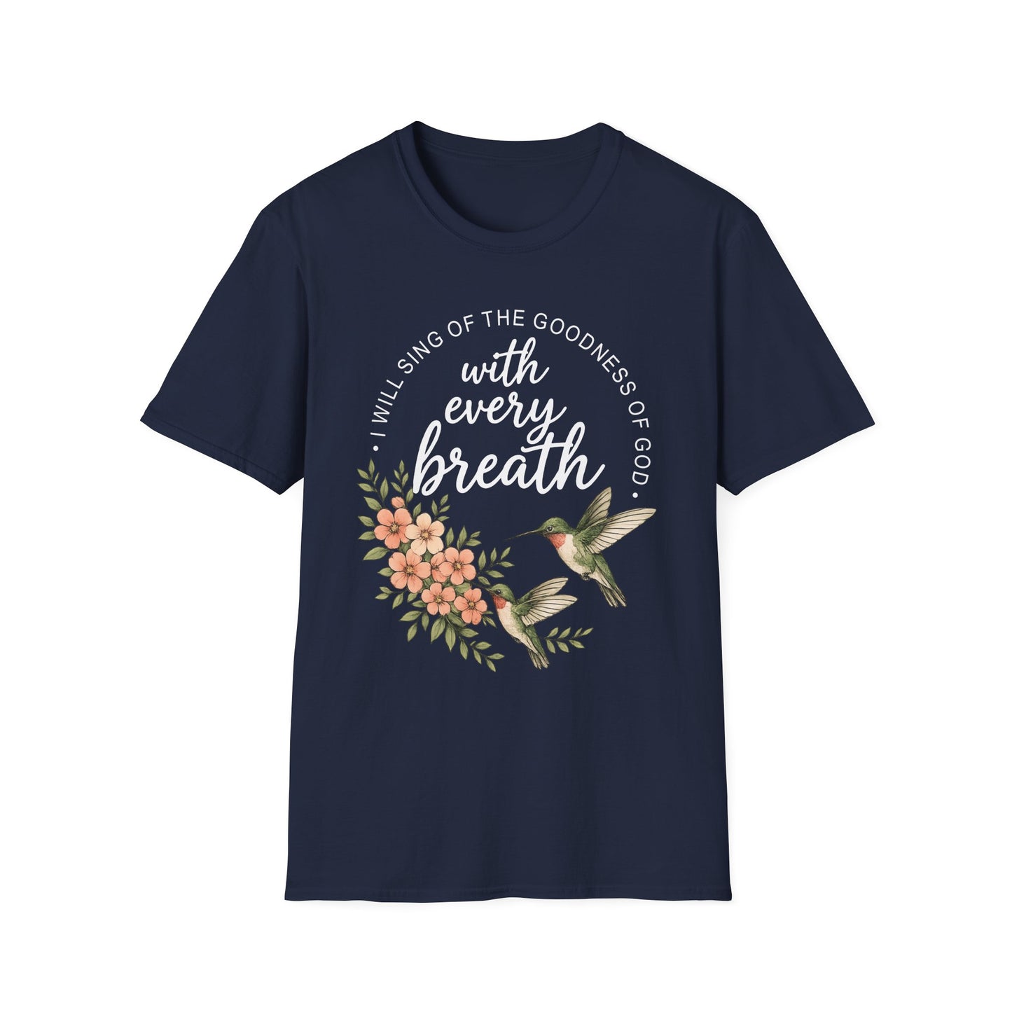 Christian Shirt for Women – With Every Breath Hummingbird Floral Inspirational Faith Based Graphic T-Shirt