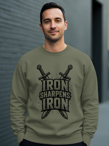 Green sweatshirt with "Iron Sharpens Iron" text and crossed swords graphic.