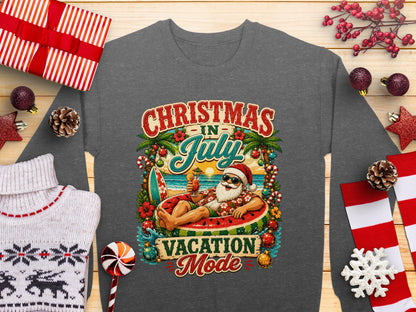 "Christmas in July" text over Santa relaxing in watermelon slice float.