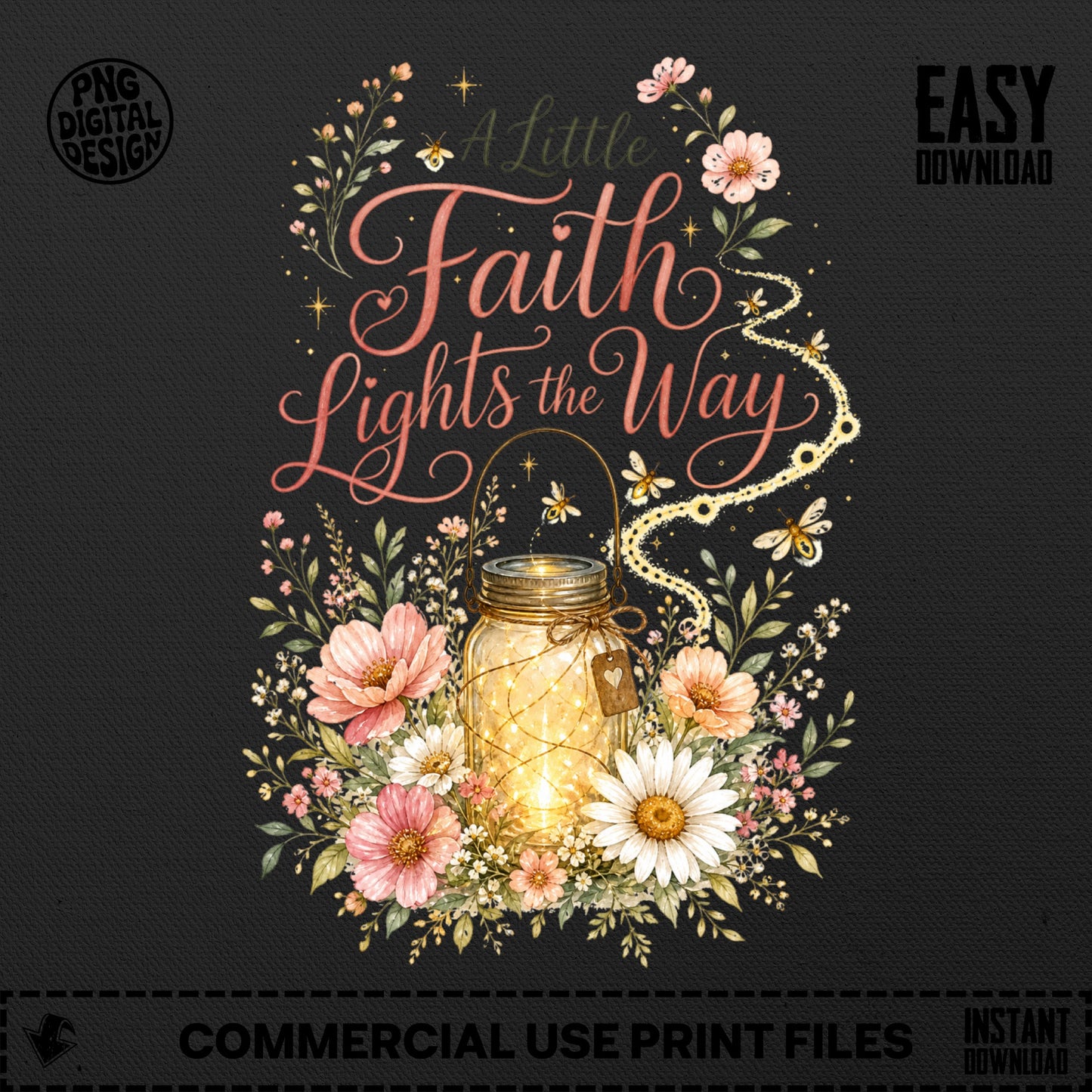 A litlte faith lights the way with a glowing mason jar and floral accents.