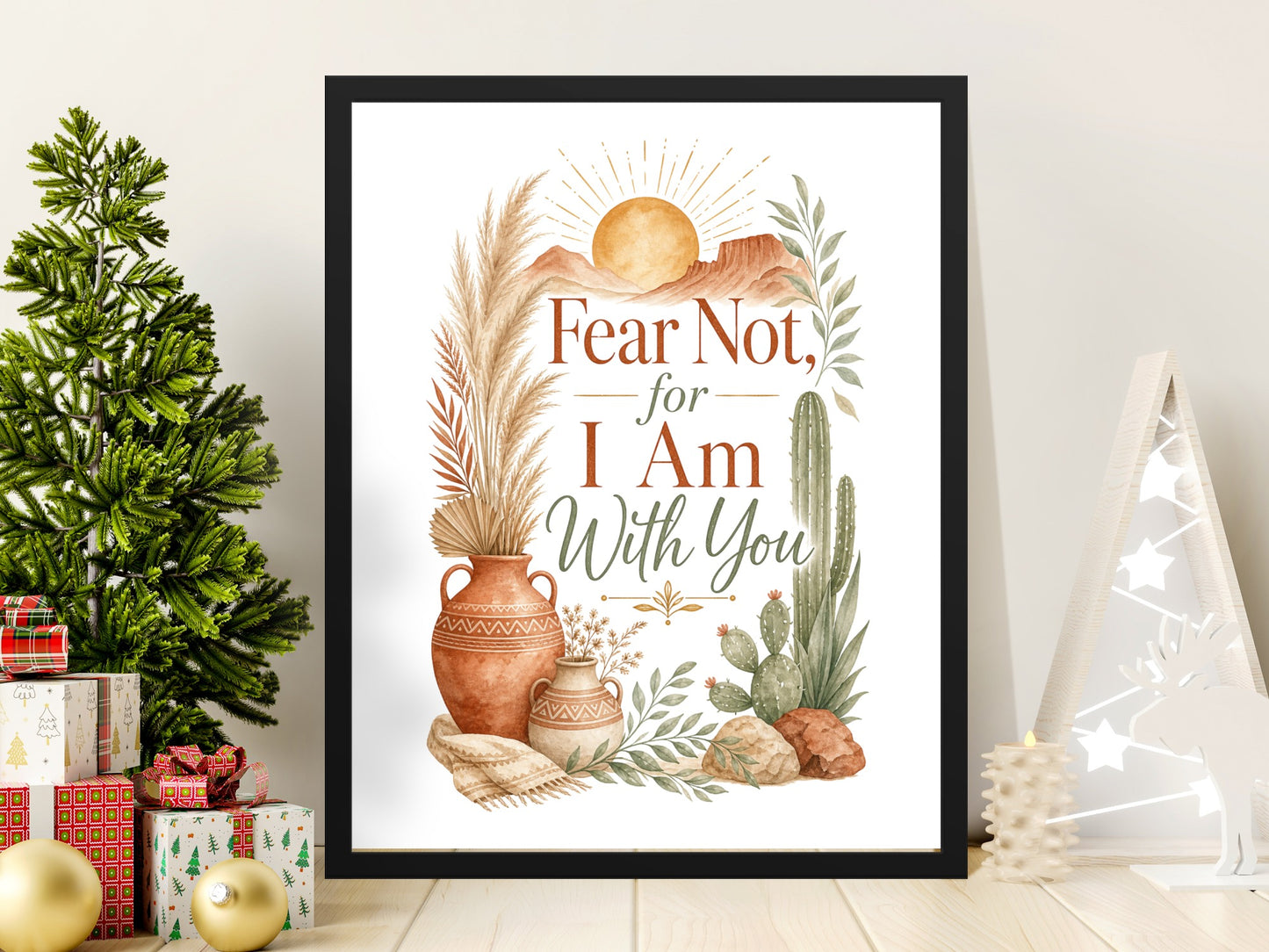 "Fear Not, for I Am With You" framed art with desert and boho elements.