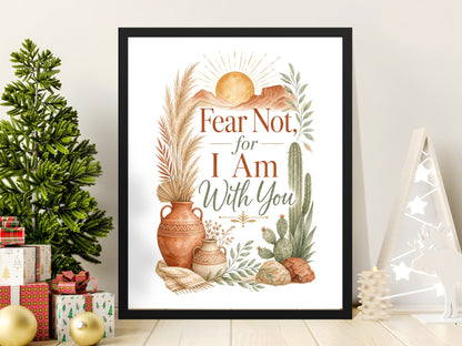 "Fear Not, for I Am With You" framed art with desert and boho elements.