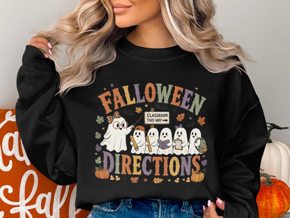 Falloween Directions with ghosts, pumpkins, and a classroom sign on a black sweatshirt.