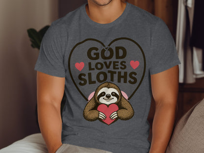 T-shirt with sloth holding heart, text "God Loves Sloths".