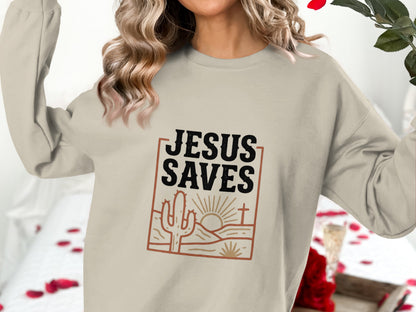 Jesus Saves T-Shirt, Christian Faith Tee, Religious Desert Landscape Shirt, Insp | Christian shirt | Custom Church Merch