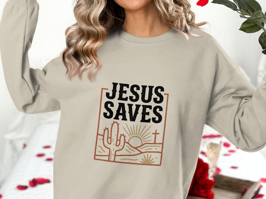 Jesus Saves T-Shirt, Christian Faith Tee, Religious Desert Landscape Shirt, Inspirational Cactus Cross Design, Western Spiritual Gift Top