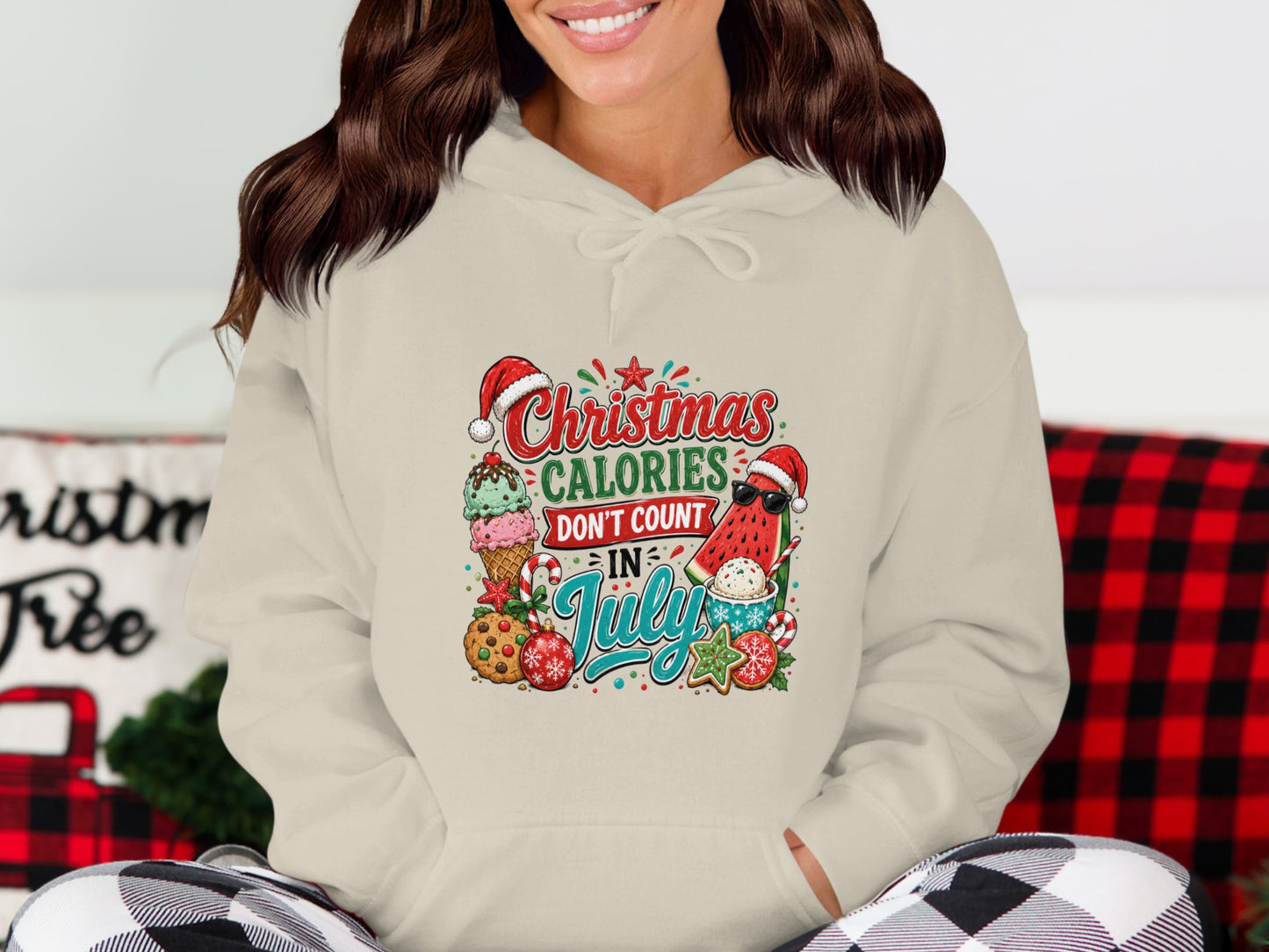 Christmas calories don't count in July text with holiday ice cream and cookies.
