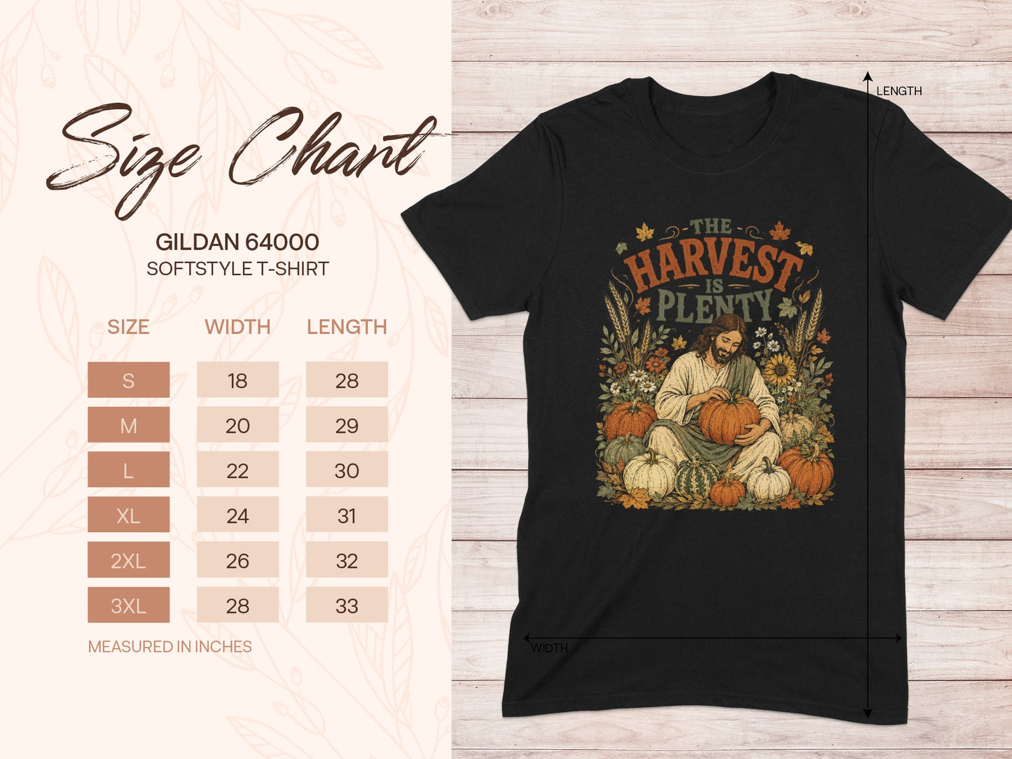 Gildan 64000 Softstyle T-Shirt size chart with harvest graphic.