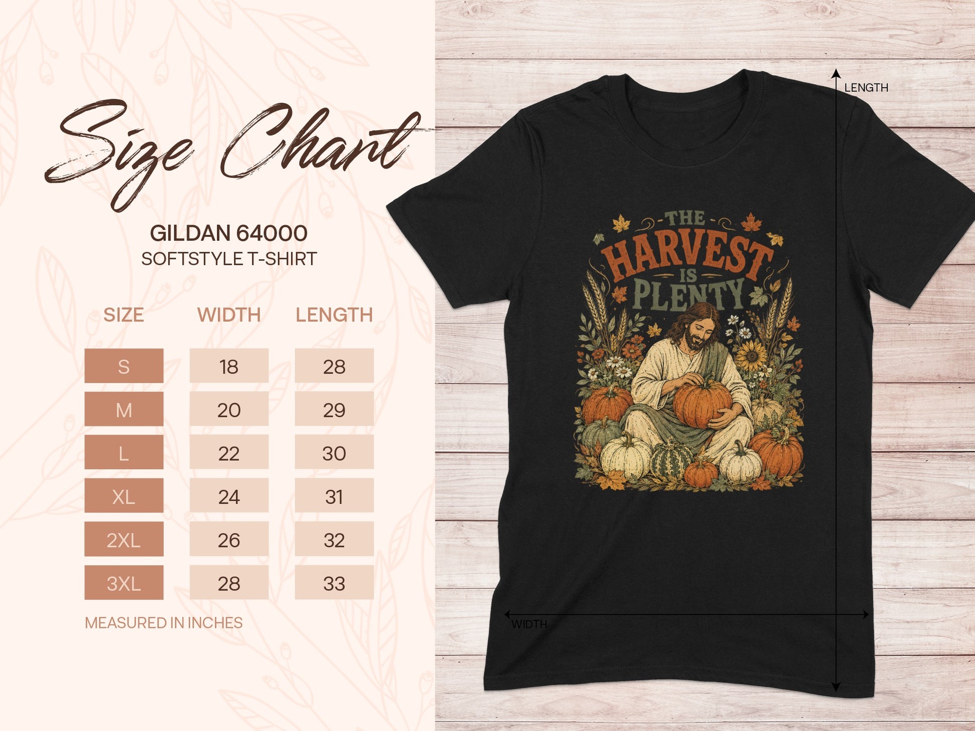 Gildan 64000 Softstyle T-Shirt size chart with harvest graphic.