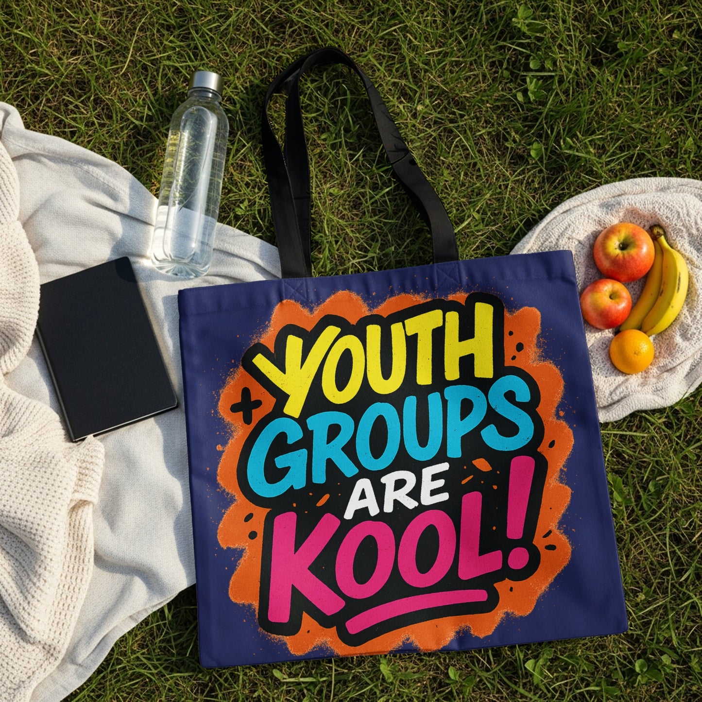 Dark blue tote bag with "YOUTH GROUPS ARE KOOL!" text in colorful graffiti font.