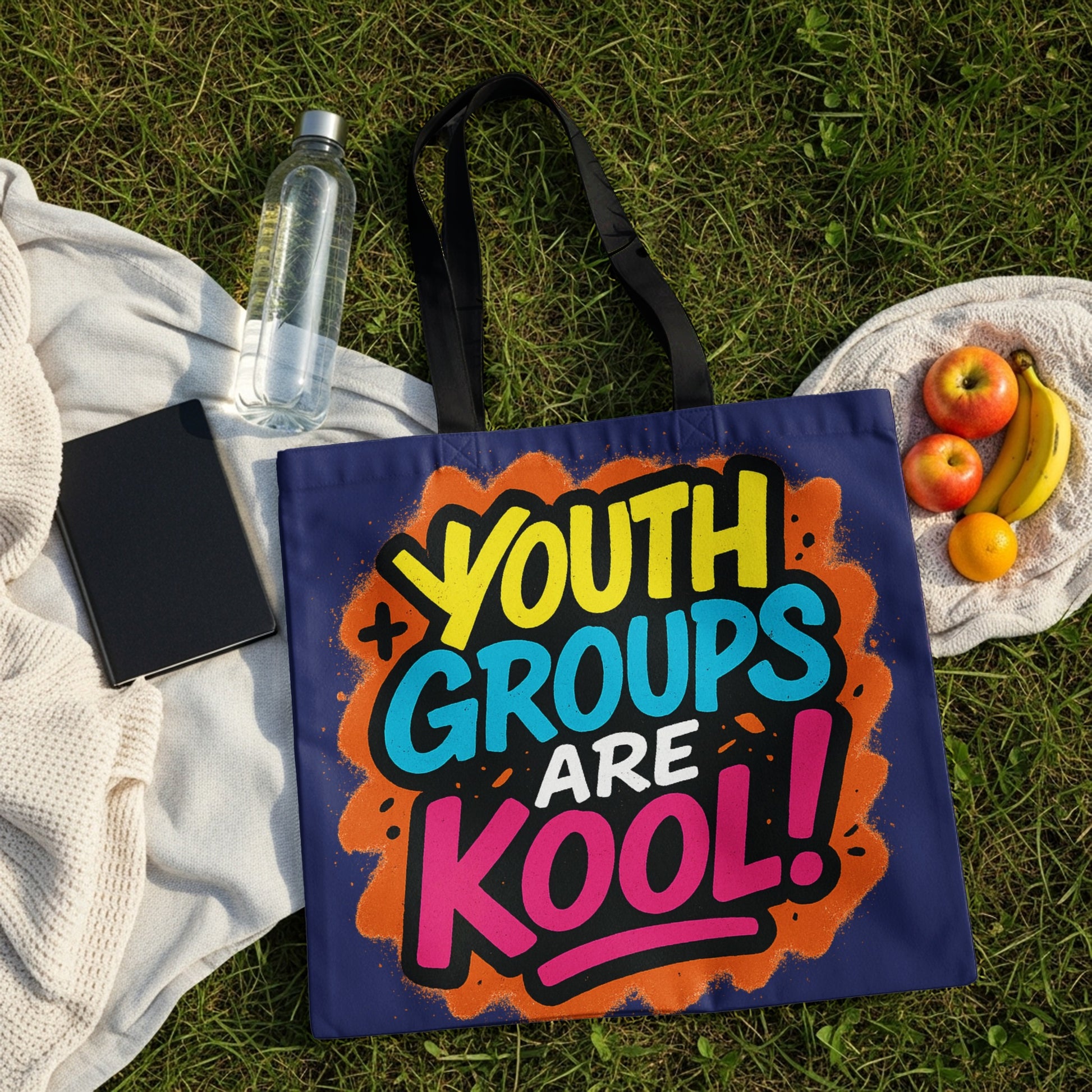 Dark blue tote bag with "YOUTH GROUPS ARE KOOL!" text in colorful graffiti font.