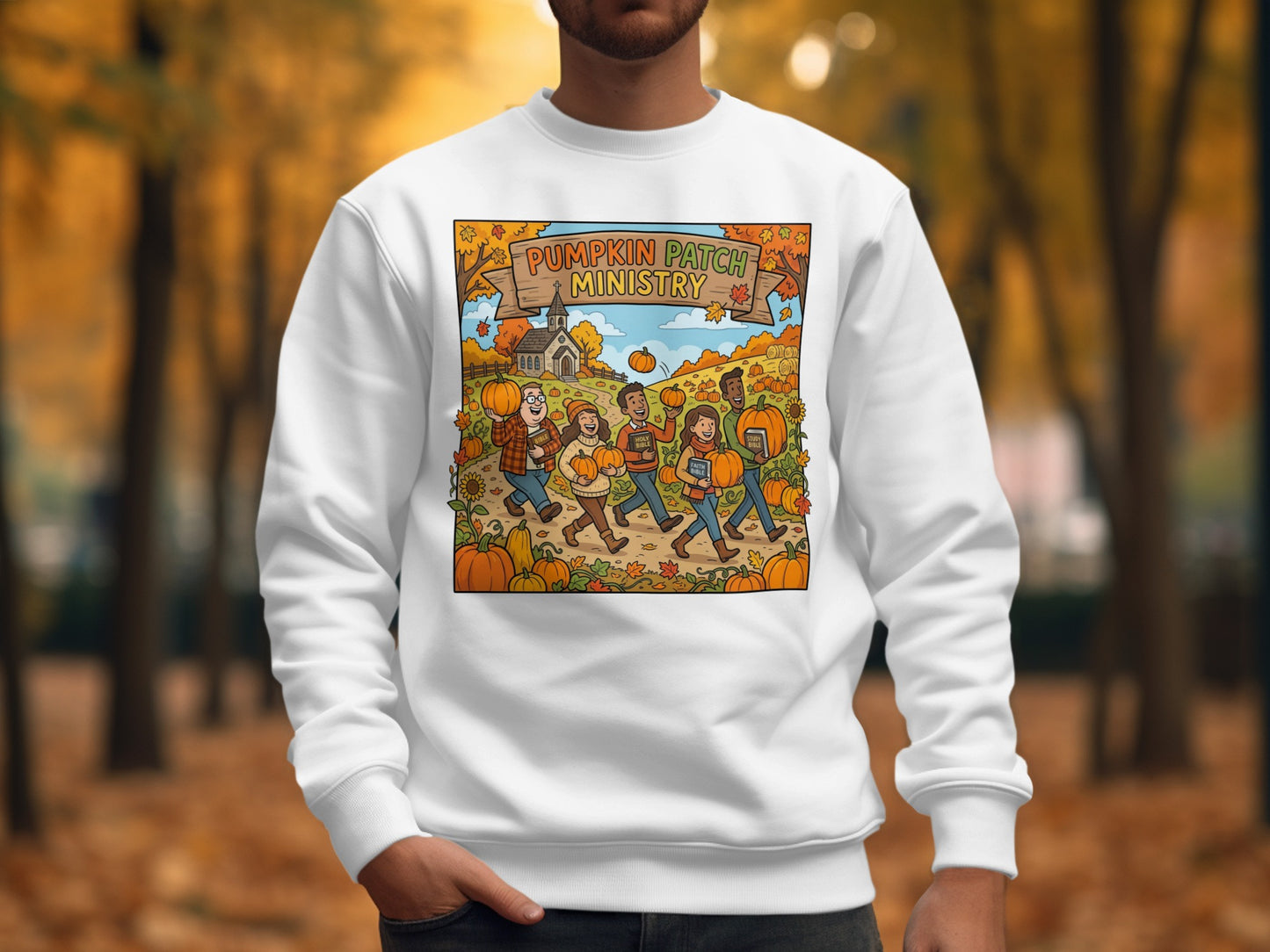 Cartoon illustration of people walking to a pumpkin patch under autumn trees.