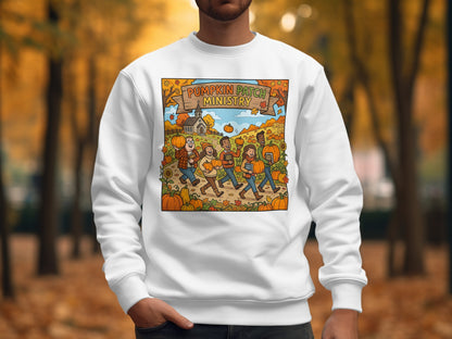 Cartoon illustration of people walking to a pumpkin patch under autumn trees.