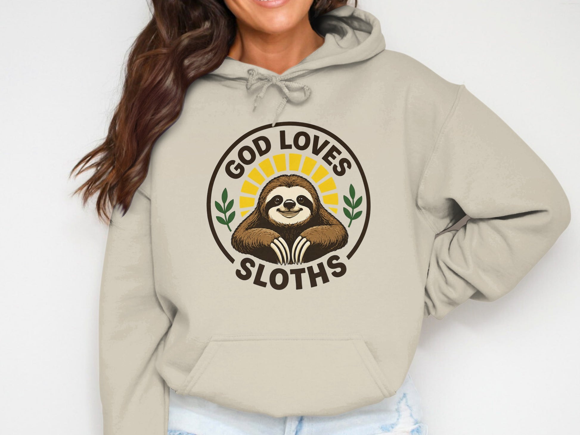Hoodie with graphic of smiling sloth and "God Loves Sloths" text.