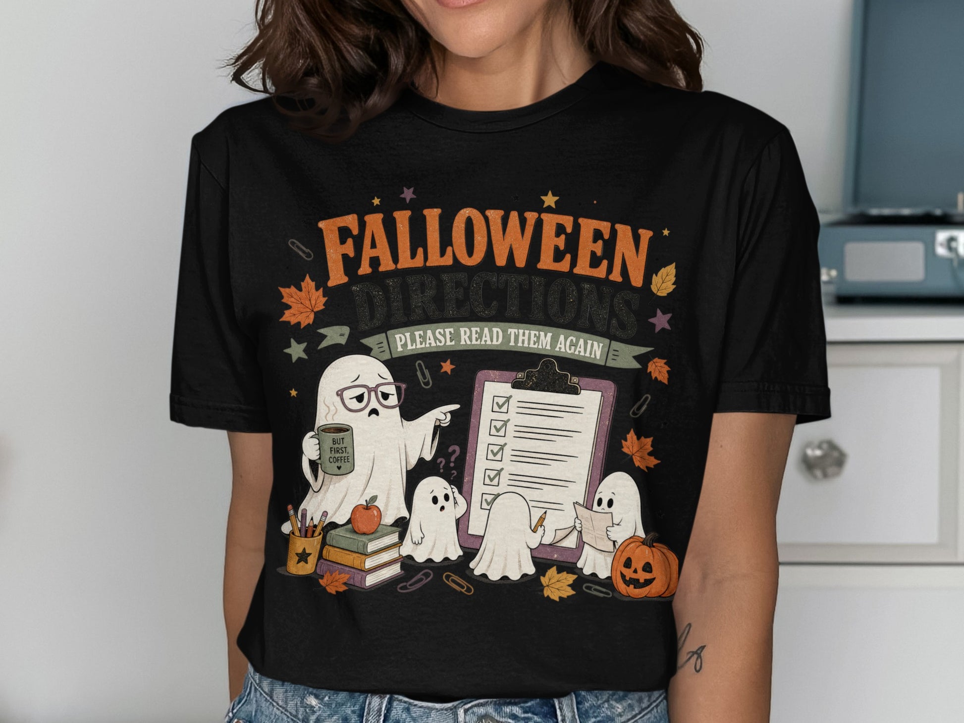 Halloween Directions: Please Read Them Again ghosts on black t-shirt.