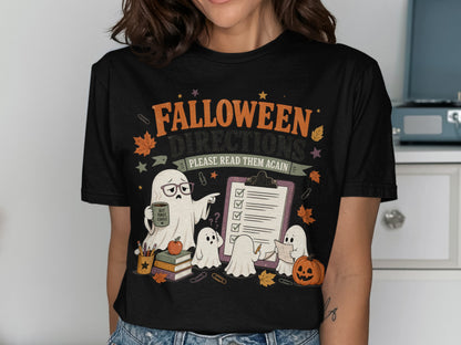 Halloween Directions: Please Read Them Again ghosts on black t-shirt.