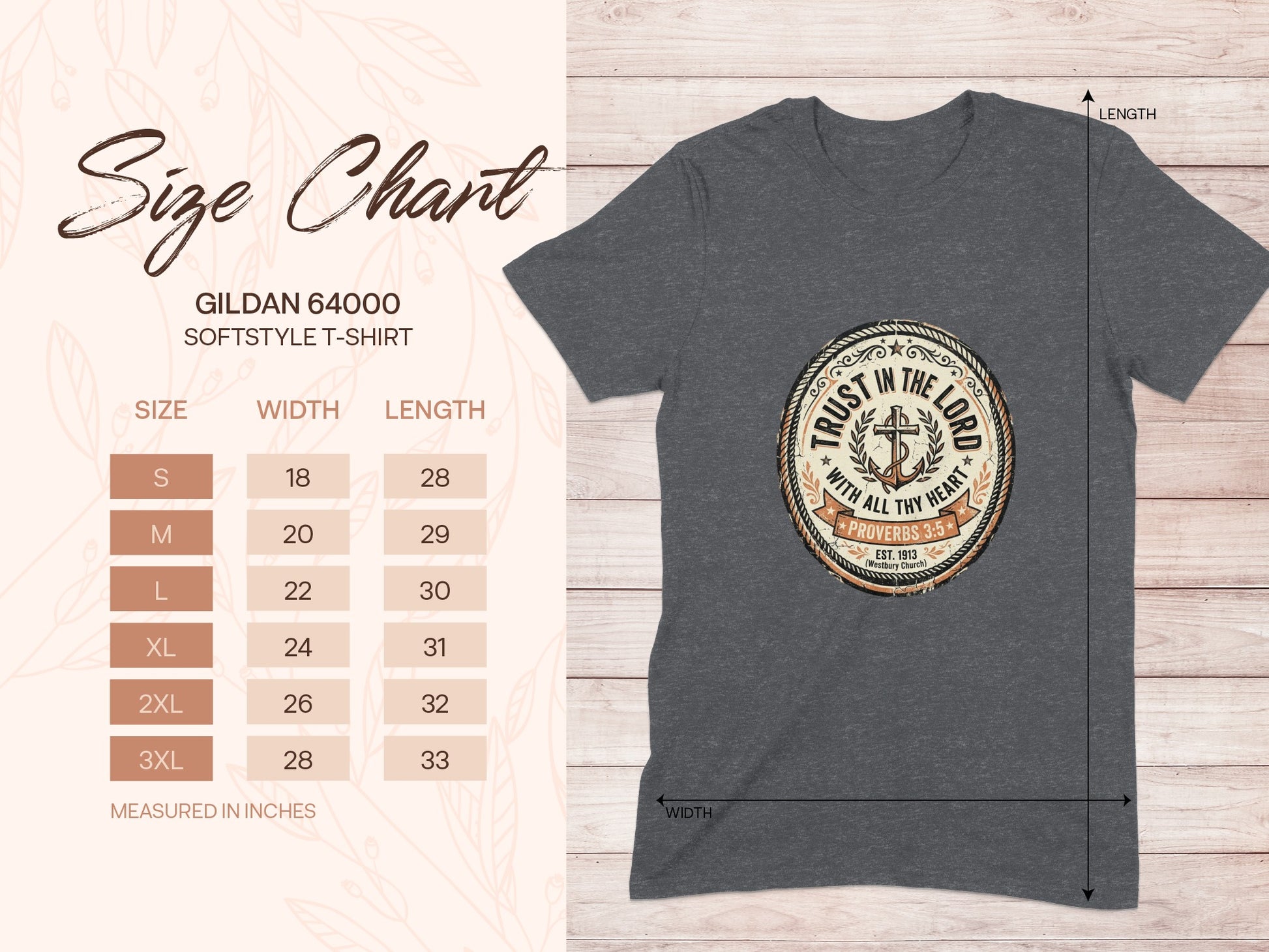 Gildan 64000 t-shirt size chart next to a grey t-shirt with "Trust in the Lord" graphic.