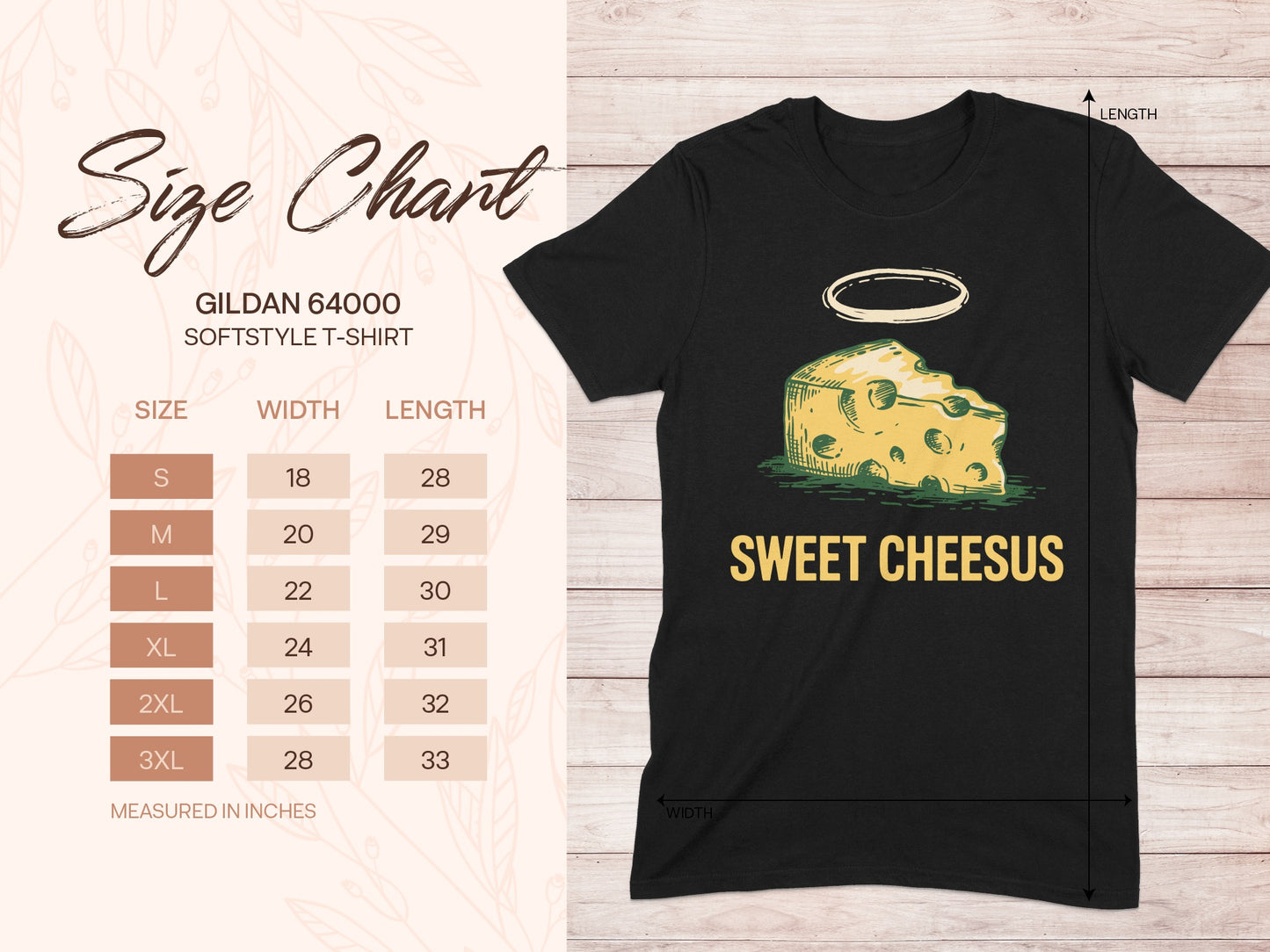 Gildan 64000 Softstyle T-shirt size chart with "Sweet Cheesus" graphic.