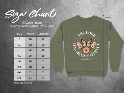 Gildan 18000 sweatshirt size chart with "The Lord Has Been Faithful" graphic.
