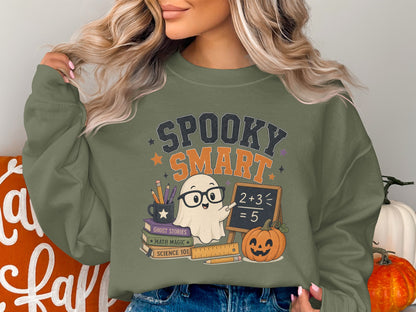 Ghost wearing glasses pointing at chalkboard with math and "Spooky Smart" text.